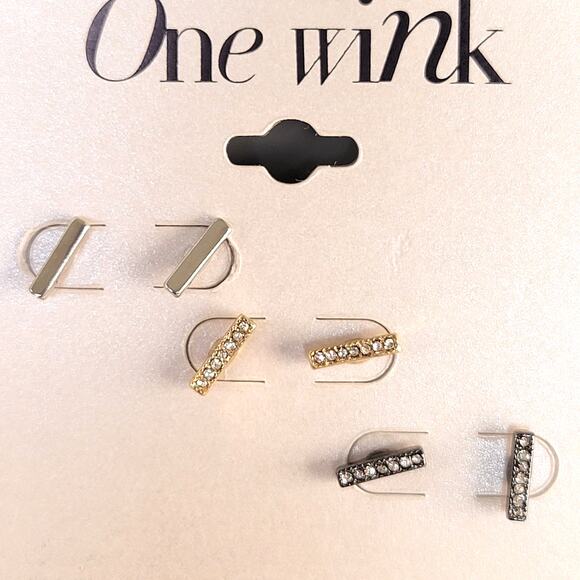 One Wink Earring Set of 3 Bar Stud Gold Silver Black Tone Crystal 10mm, Gift Bag - Picture 3 of 7
